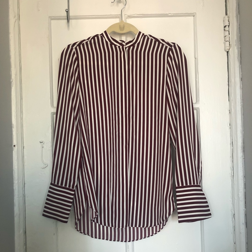 Collarless button down shirt burgundy stripe